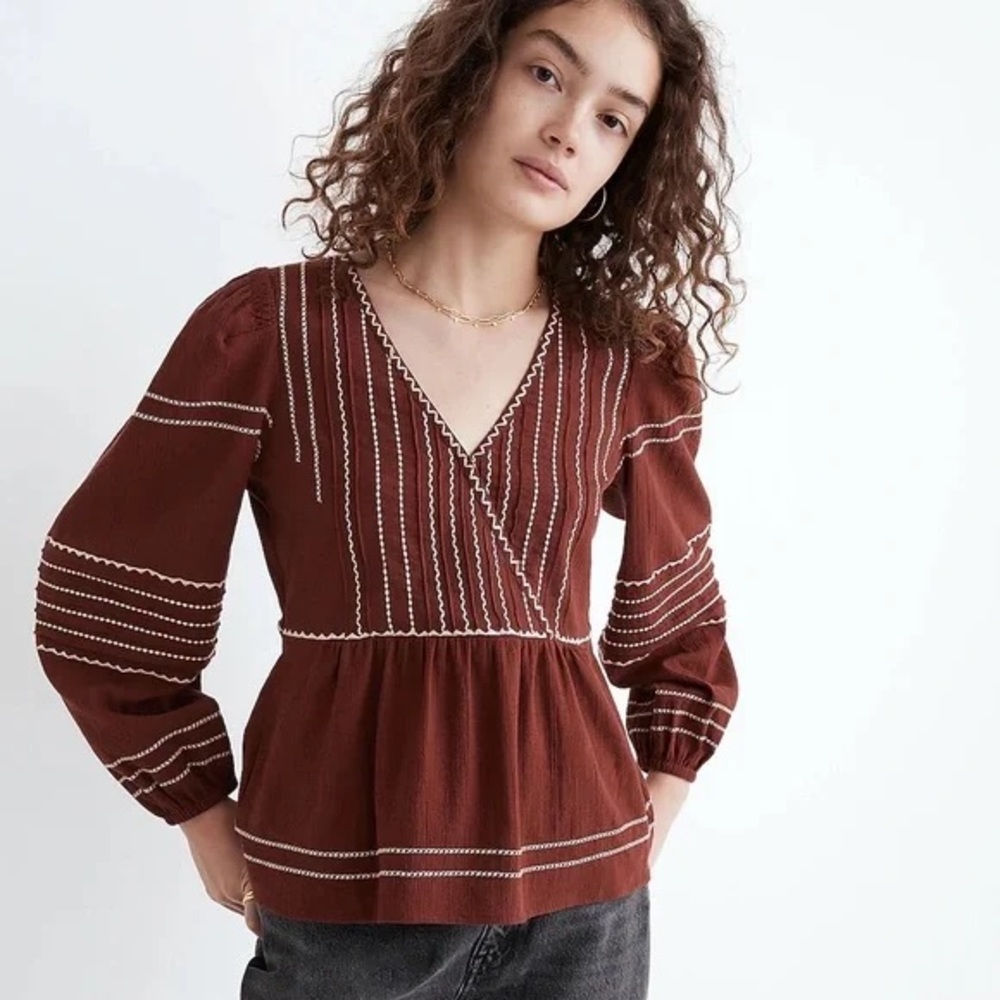 Madewell Embroidered Faux-Wrap Top in Rusted Burgundy